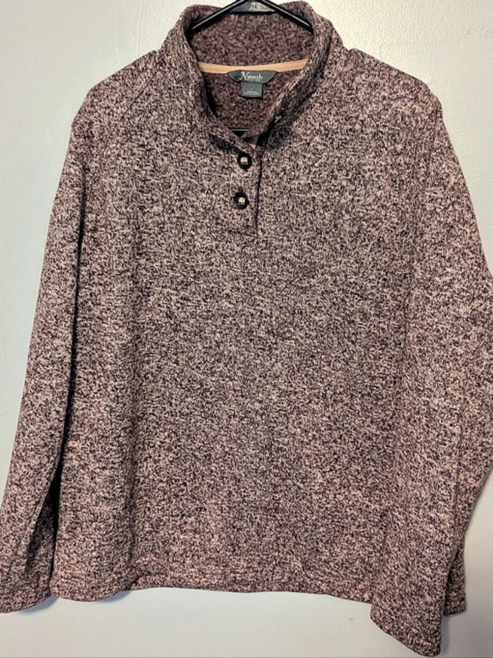 Natural Reflection Marled Button Mock Neck in Burgundy & tan Large